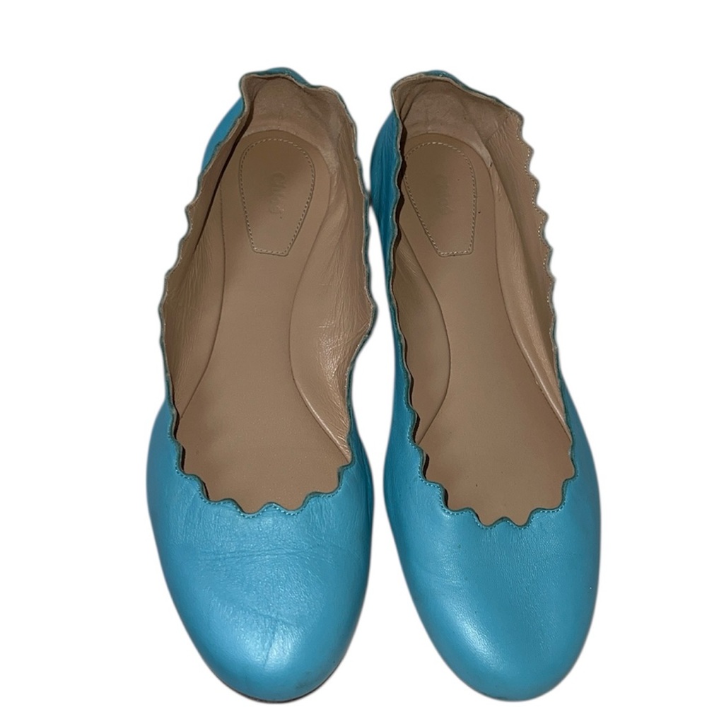 Chloe Lauren Scalloped Leather Ballet Flats Turquoise Leather Shoes 36.1/2